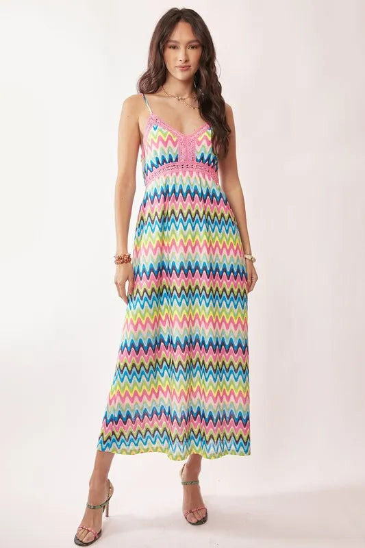 Davi & Dani Multi Color Crochet Lace Midi Dress - Lilixa.store