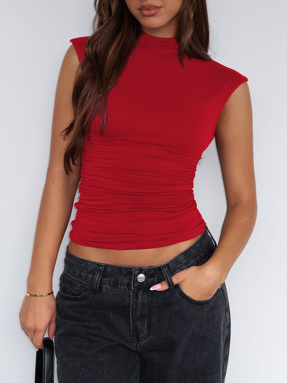 Ruched Mock Neck Sleeveless Tank Top - Lilixa.store