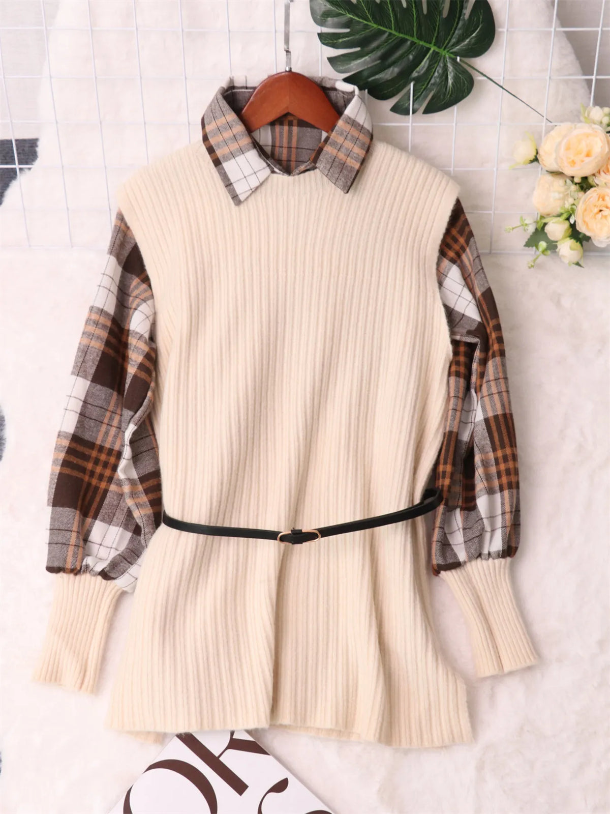 Plaid Long Sleeve Sweater Dress in Apricot