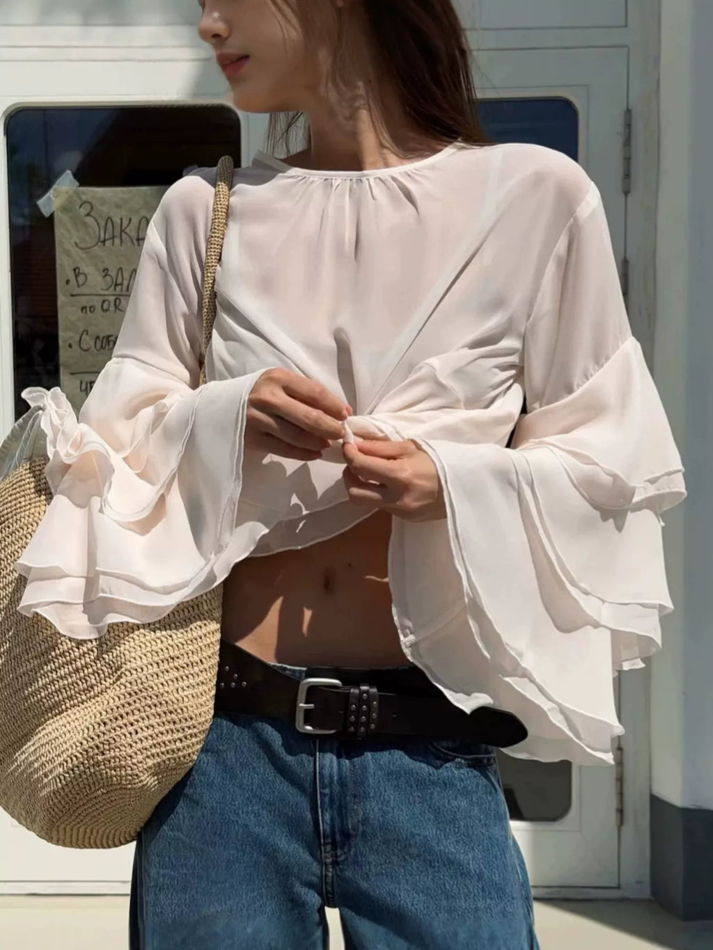 Layered Ruffled Hem Flare Sleeves Blouse - Lilixa.store