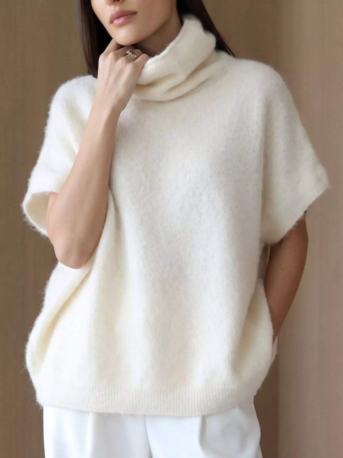 Turtleneck Fuzzy Short Sleeve Sweater in Cream