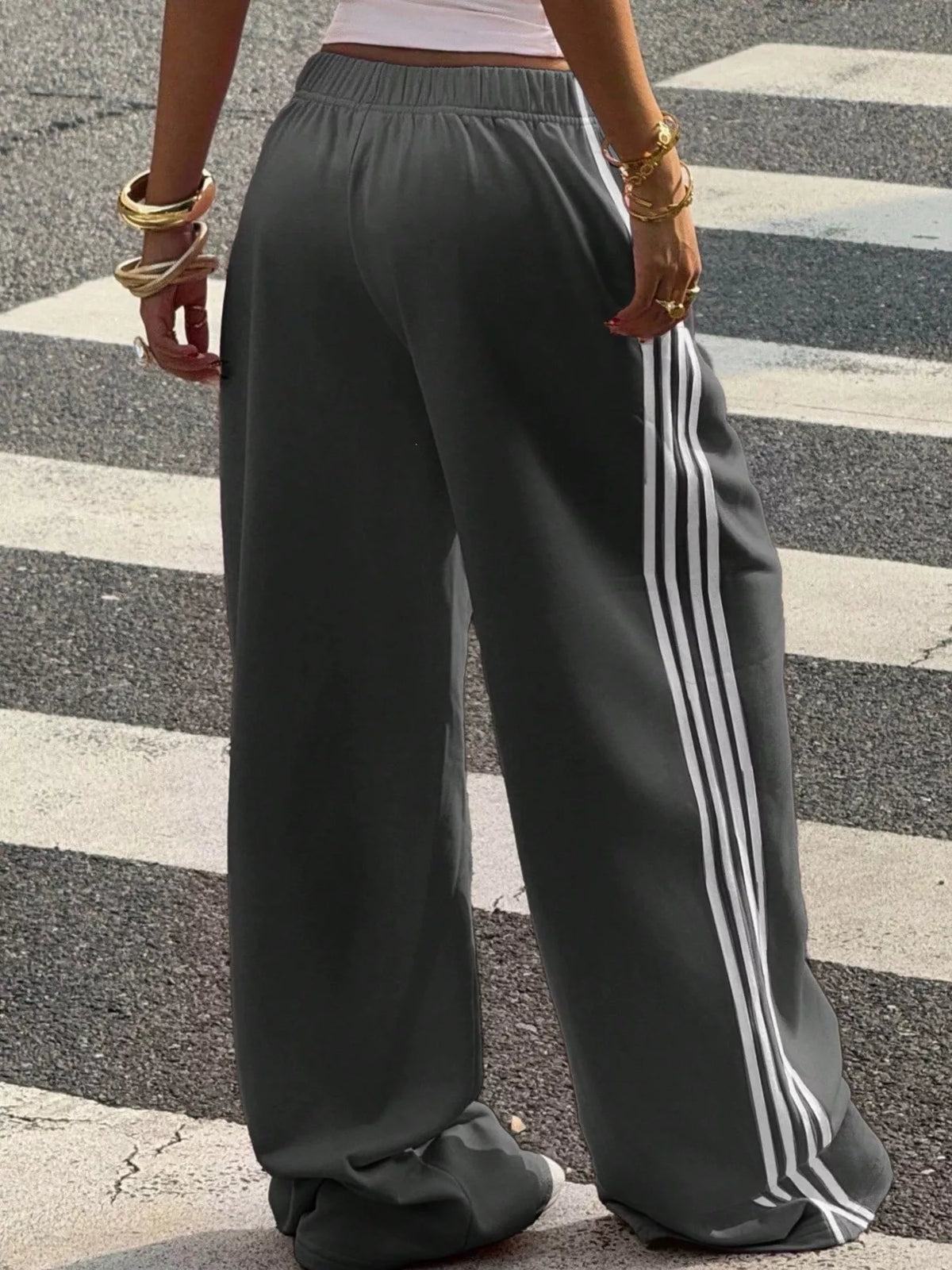 High-Waisted Wide-Leg Track Pants with Side Stripes, view 7