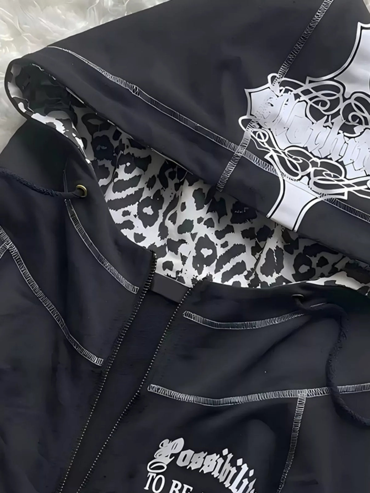 Gothic Cross Leopard Lined Zip-Up Hoodie - Lilixa.store