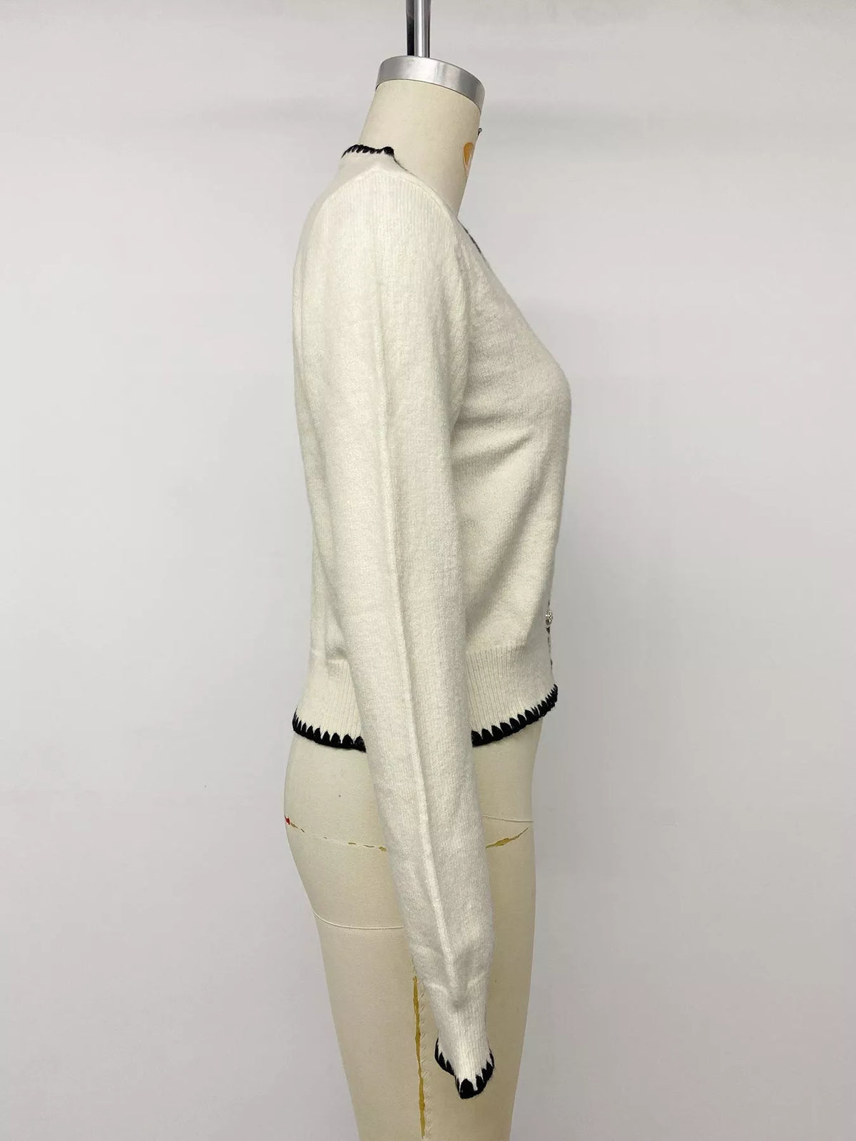 Contrast Trim V-Neck Button-Down Cardigan in Beige, view 8