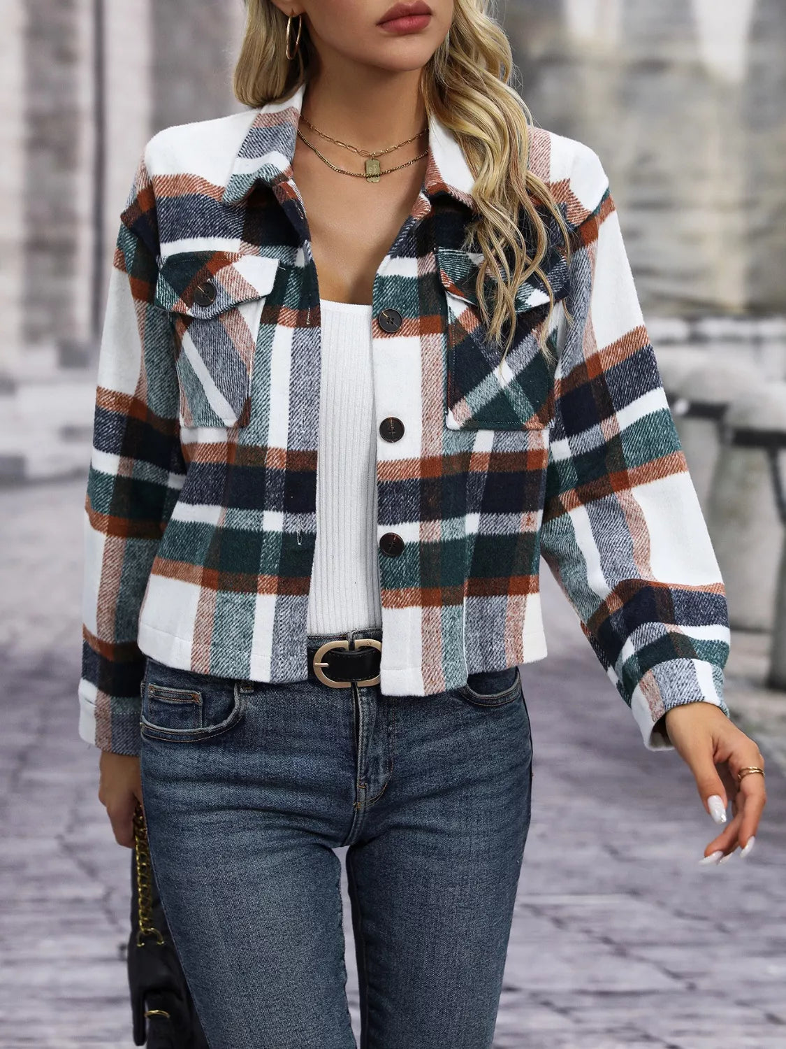 Plaid Button-Up Jacket in Black Forest