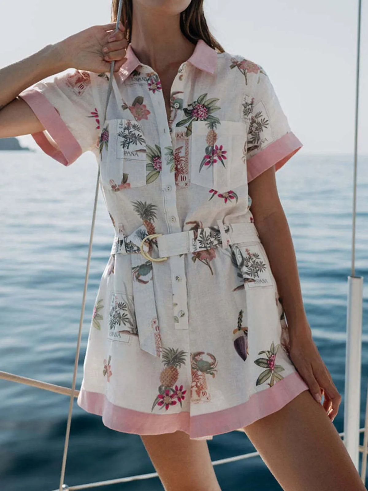 Printed Short Sleeve Romper with Belt in Multicolor, view 2