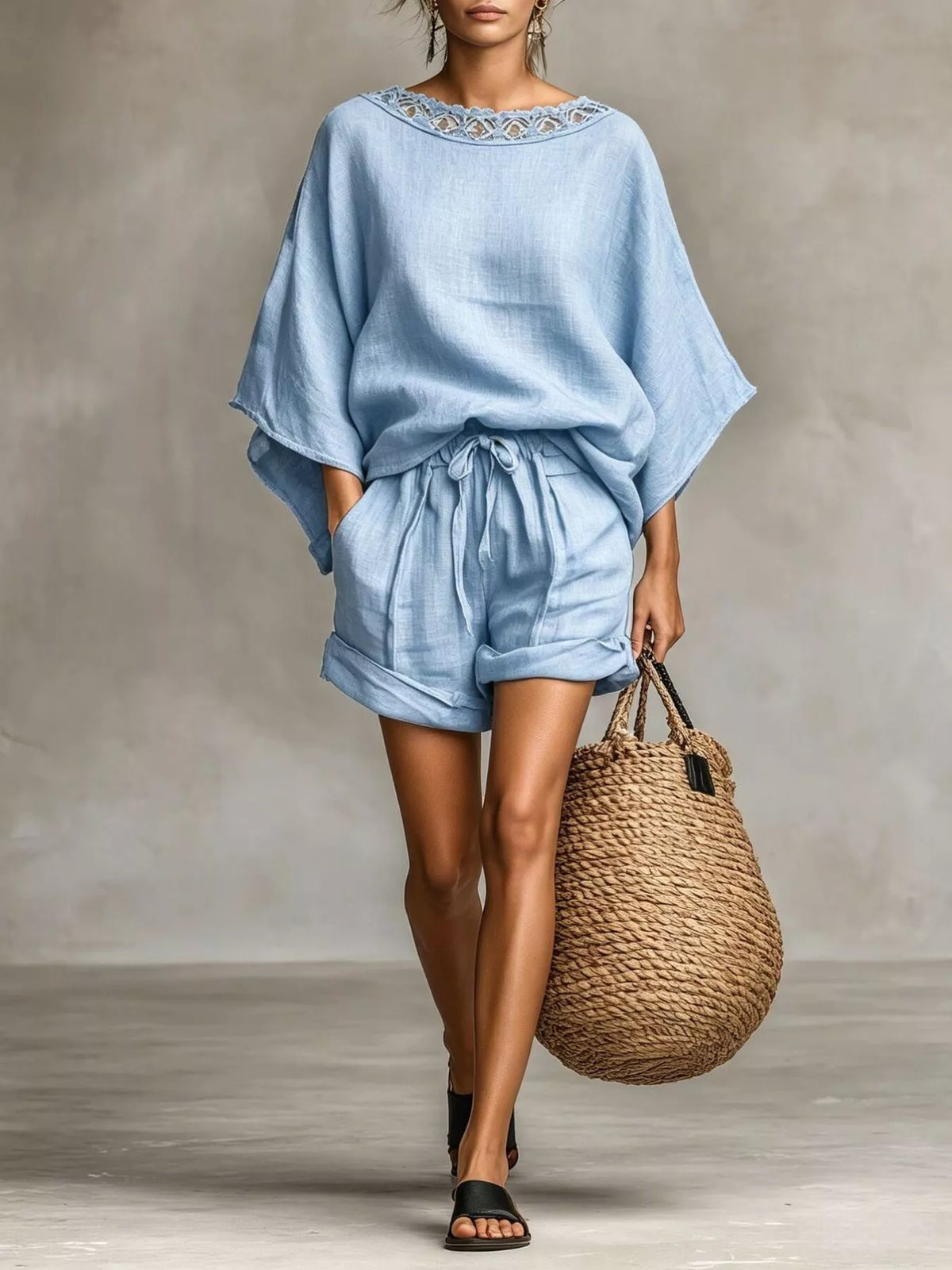 Lace Trim Top and Drawstring Shorts Set in Light Blue