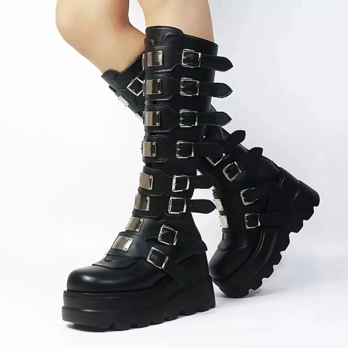 Multi-Buckle Platform Knee-High Boots - Lilixa.store