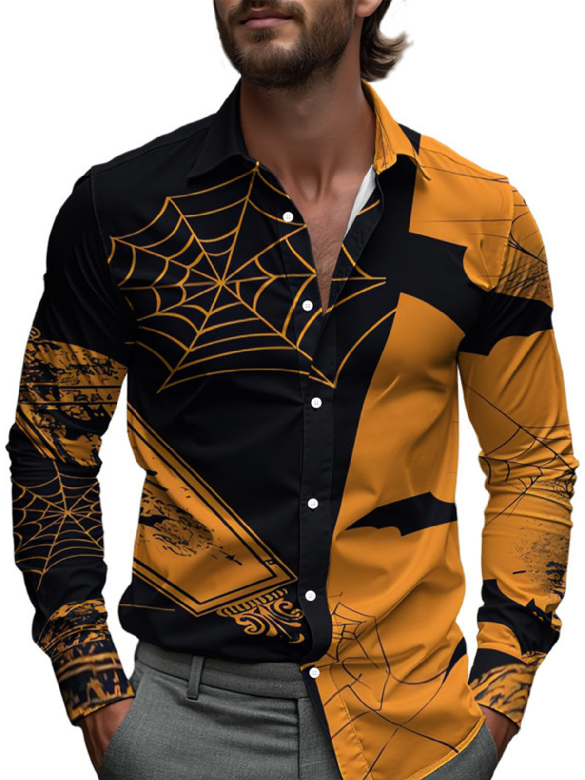 Men's Full Size Halloween Print Long Sleeve Button-Down Shirt Plus Size