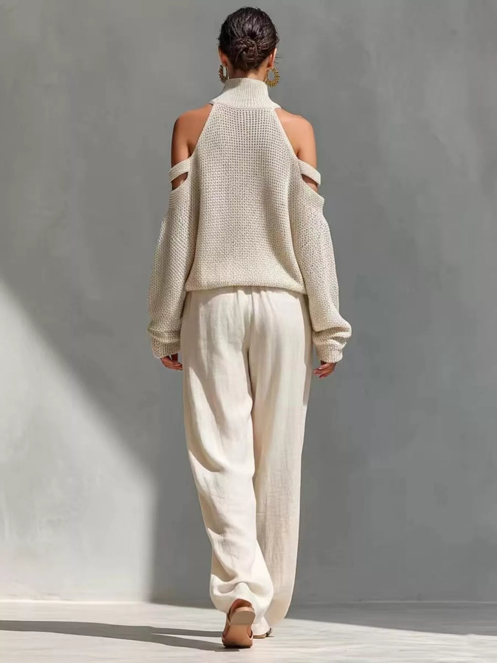 Cold Shoulder Turtleneck Top and Wide-Leg Pants Set - Lilixa.store