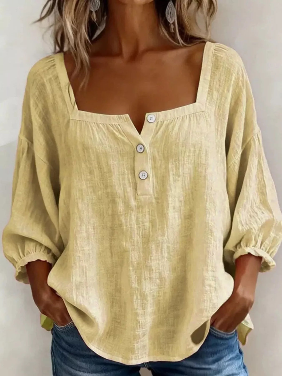 Full Size Square Neck Button Detail Blouse Plus Size - Lilixa.store