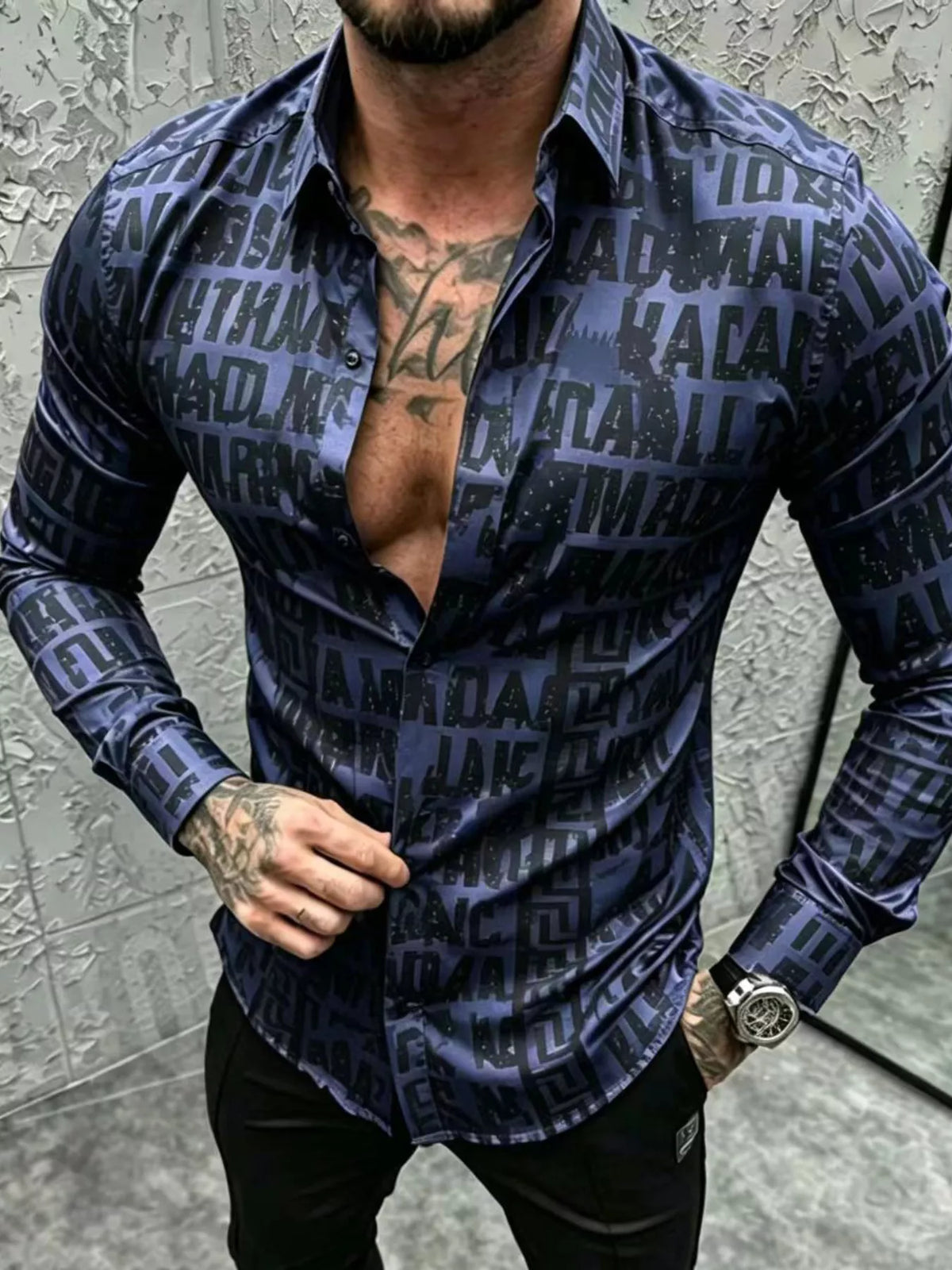 Men's Plus Size Letter Print Slim Fit Long Sleeve Shirt - Lilixa.store