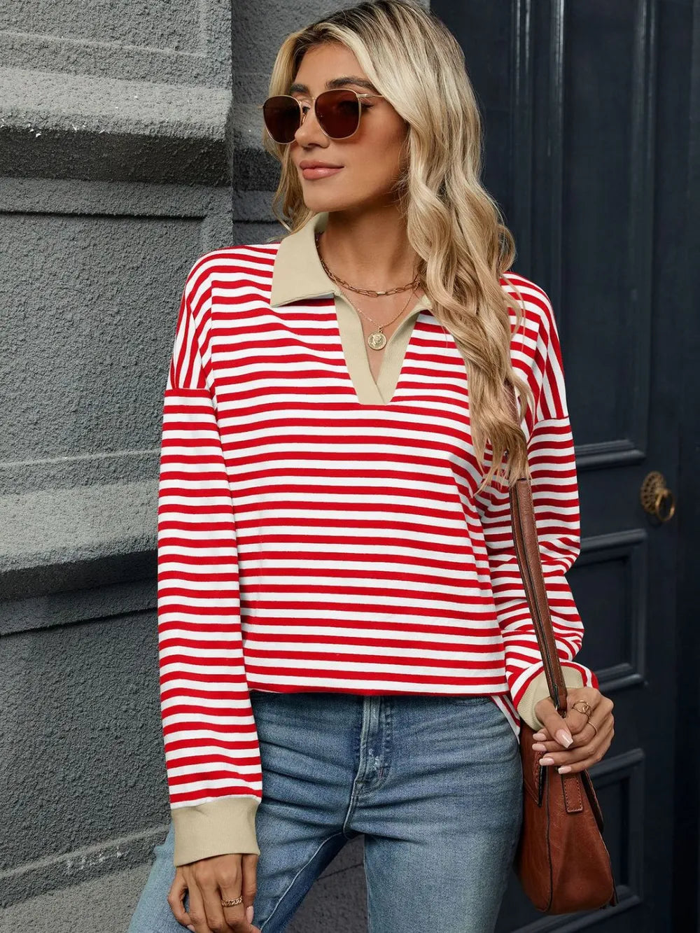 Striped Johnny Collar Long Sleeve Sweatshirt - Lilixa.store