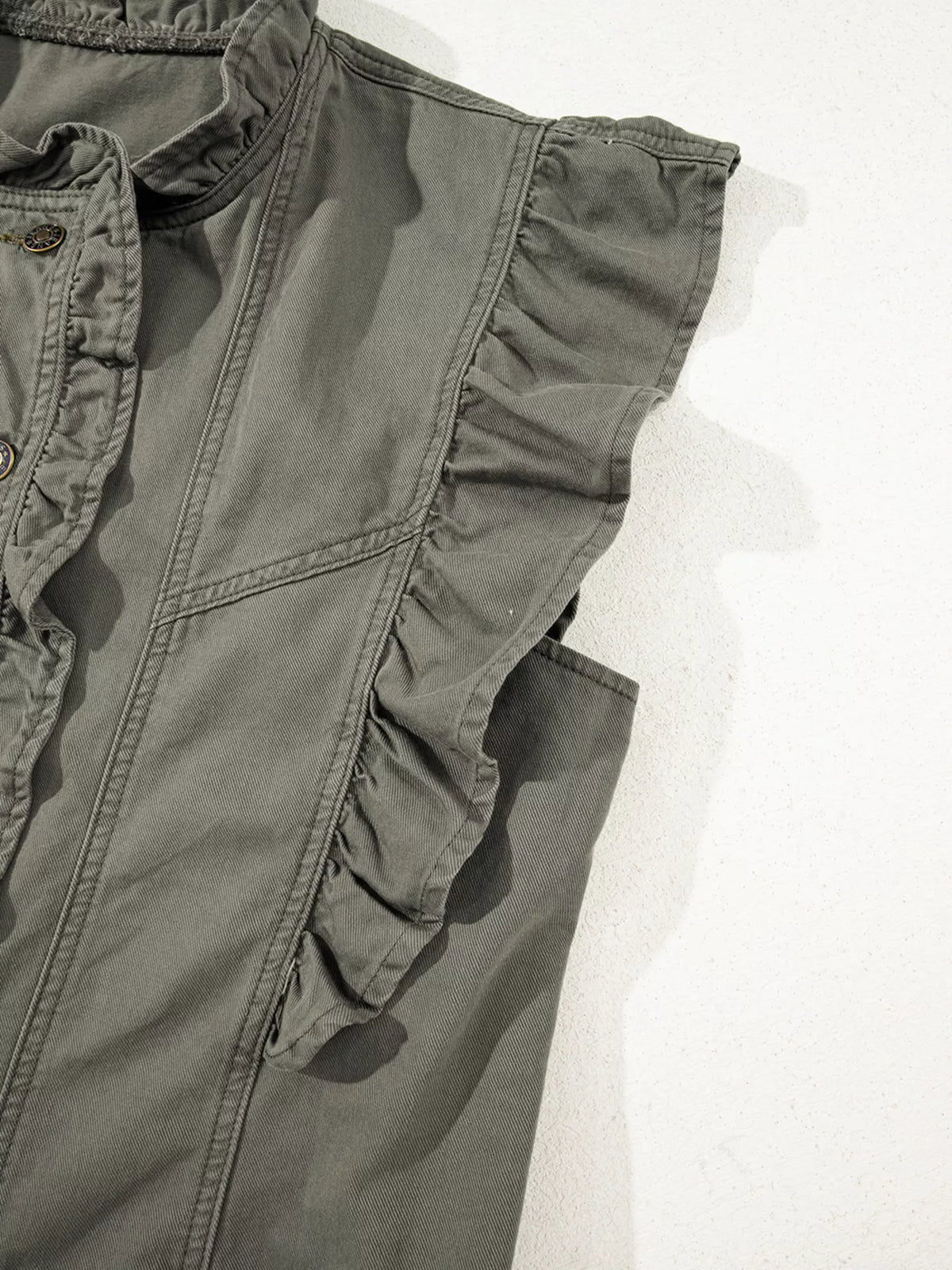Ruffled Patchwork Denim Jacket Vest in Army Green, view 13