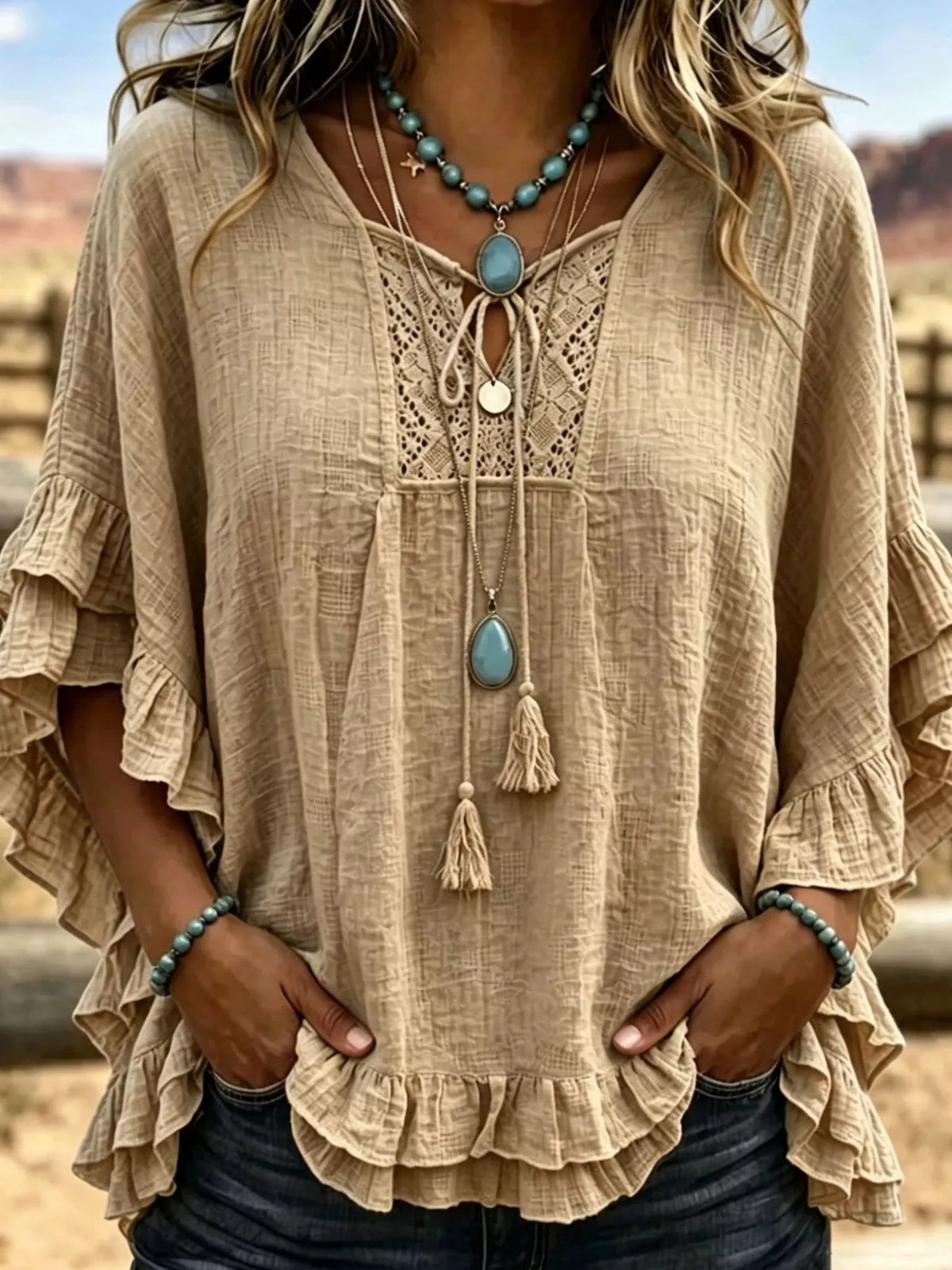 Full Size Tassel Tie Neck Ruffled Hem Blouse Plus Size - Lilixa.store