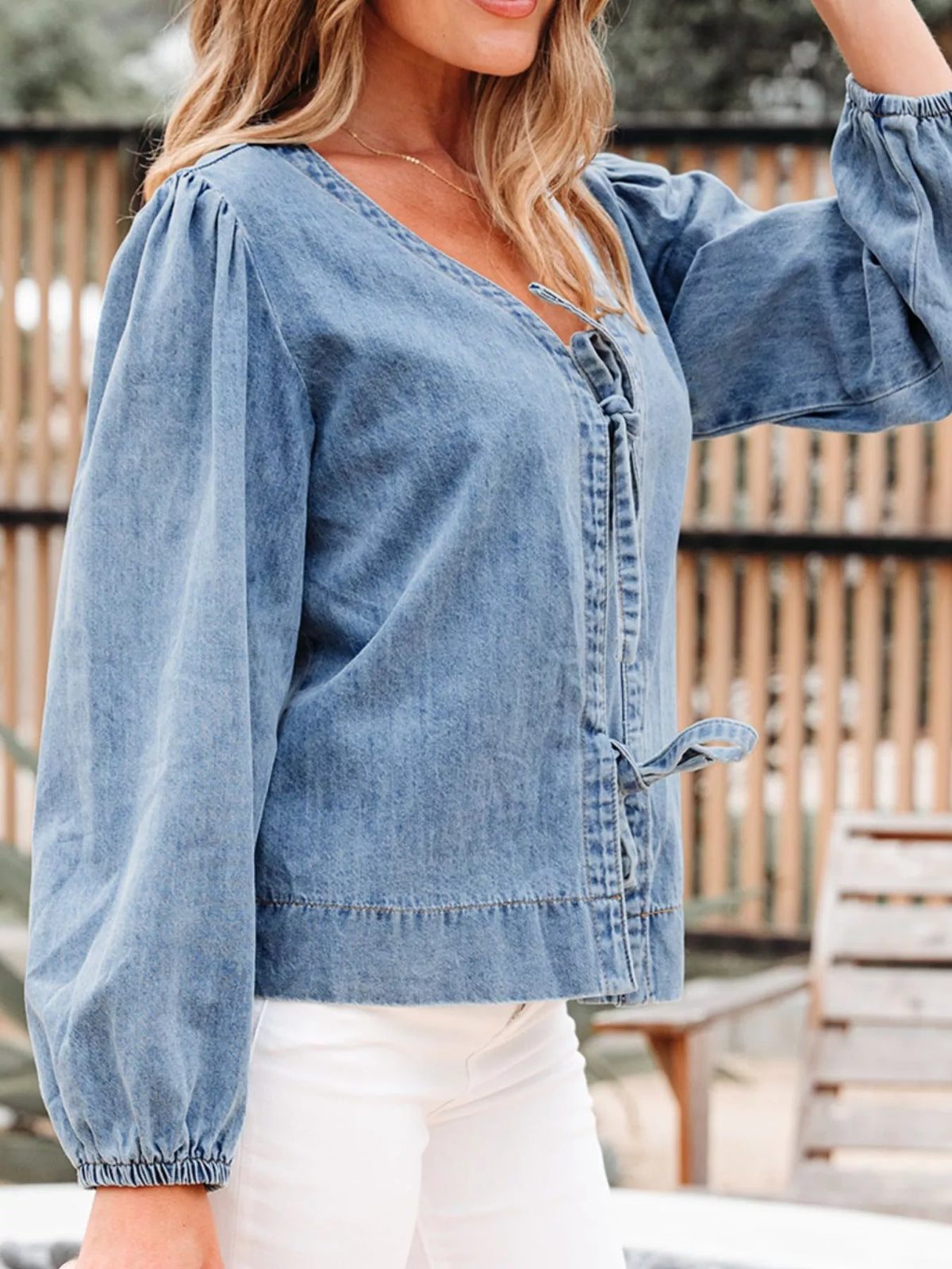 Tied Front Puff Sleeve Denim Top in Dusty Blue, view 4