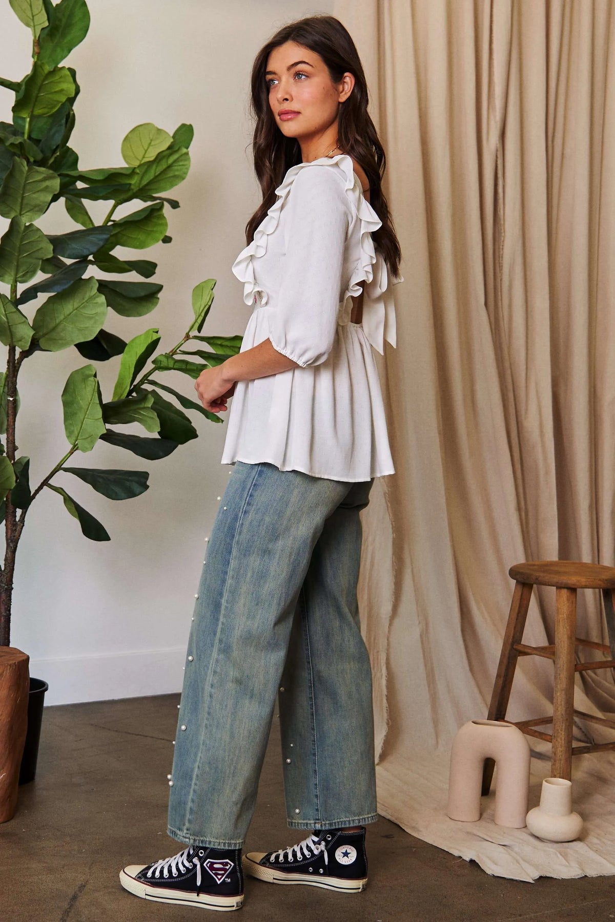 Davi & Dani Texture Tie Back Floral Embroidery Frill Blouse - Lilixa.store