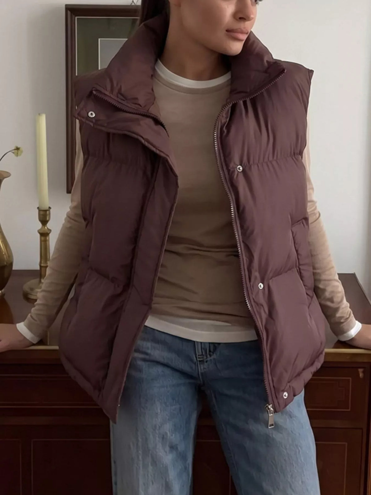 Snap-Button Placket Quilted Puffer Vest Coat in Brown