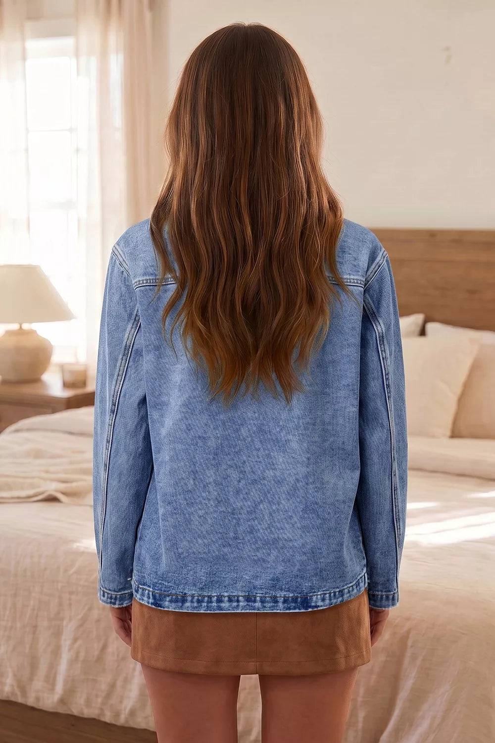Patchwork Leather Collar Long Sleeve Denim Jacket in Dusty Blue, view 2