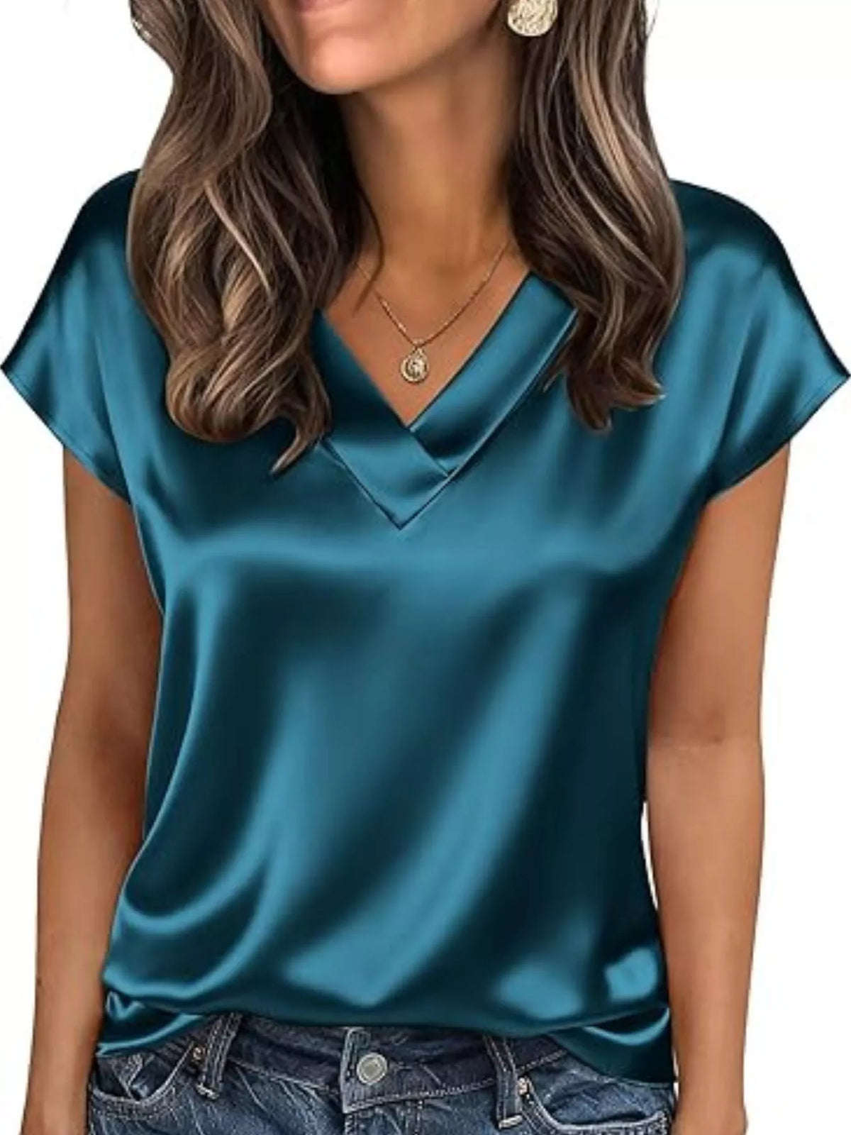 Satin V-Neck Short Sleeve Blouse - Lilixa.store