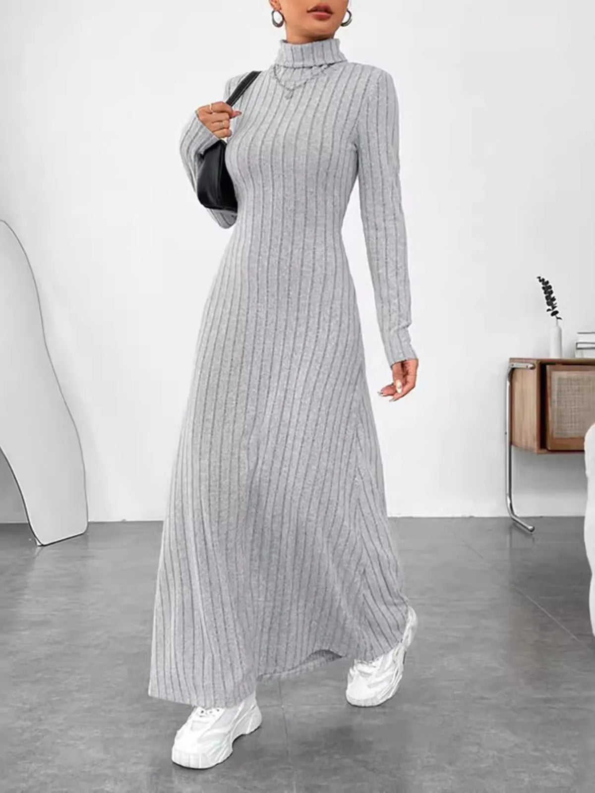 Ribbed Turtleneck Long Sleeve Maxi Knit Dress in Gray