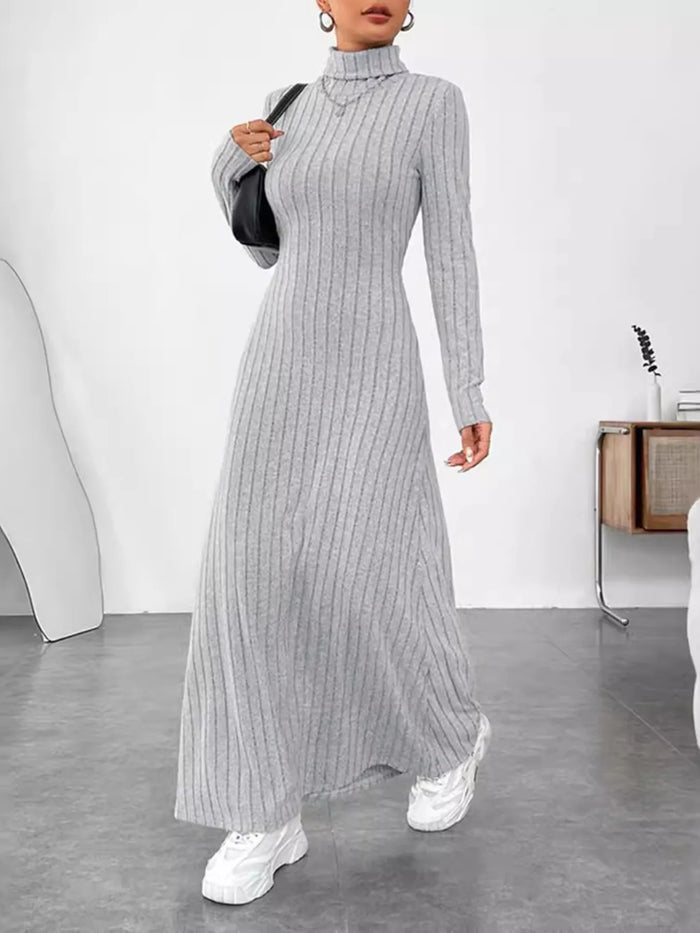 Ribbed Turtleneck Long Sleeve Maxi Knit Dress - Lilixa.store