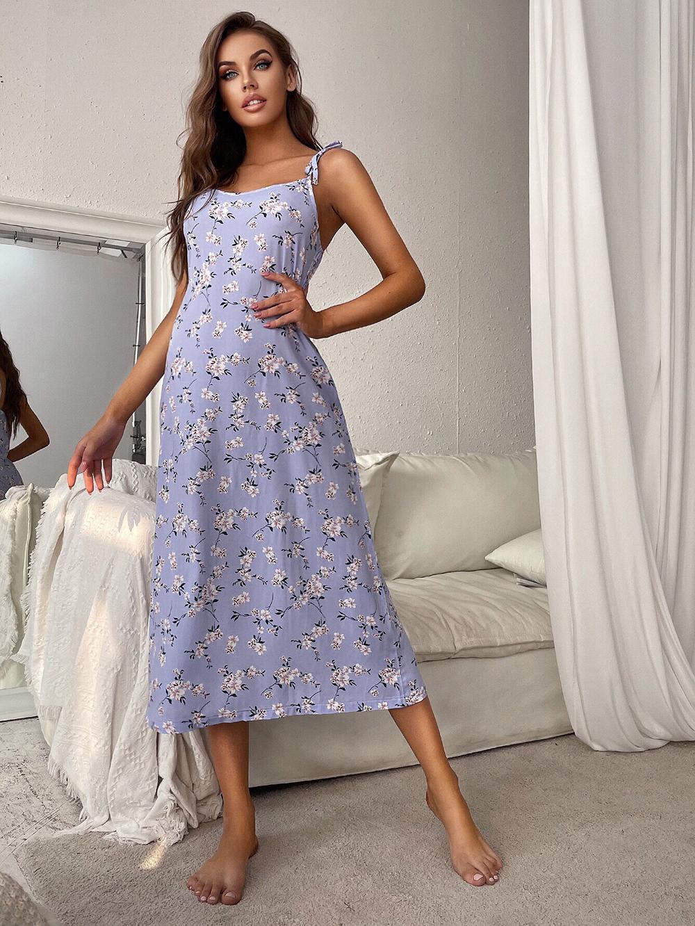 Printed Tie Shoulder Midi Night Dress - Lilixa.store