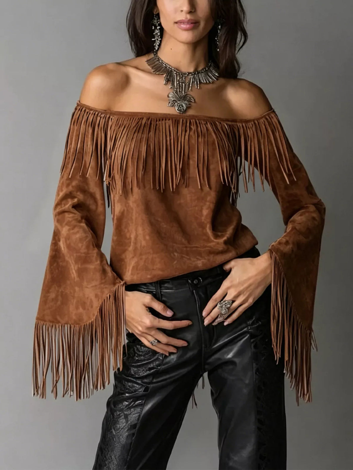 Full Size Fringed Off-Shoulder T-Shirt Plus Size