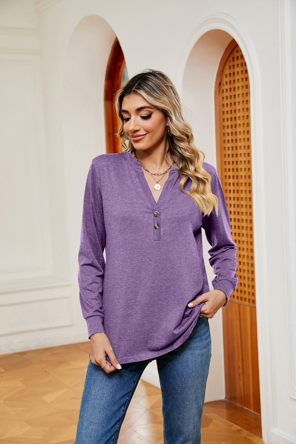 Buttoned Notched Neck Long Sleeve Top, view 20