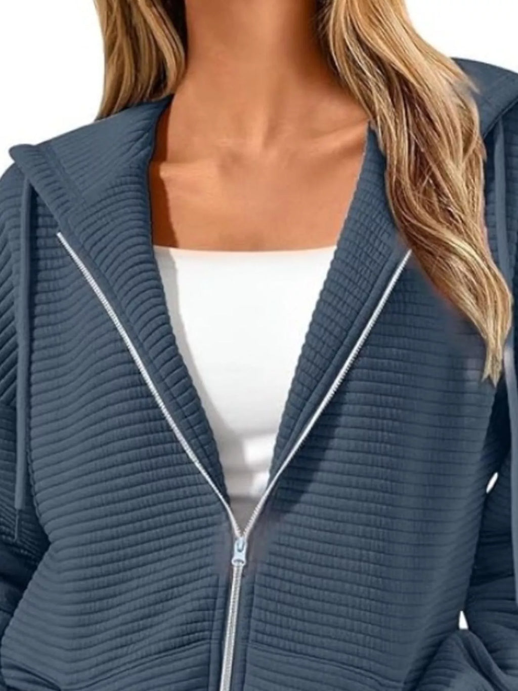 Drawstring Zip Up Dropped Shoulder Hoodie - Lilixa.store