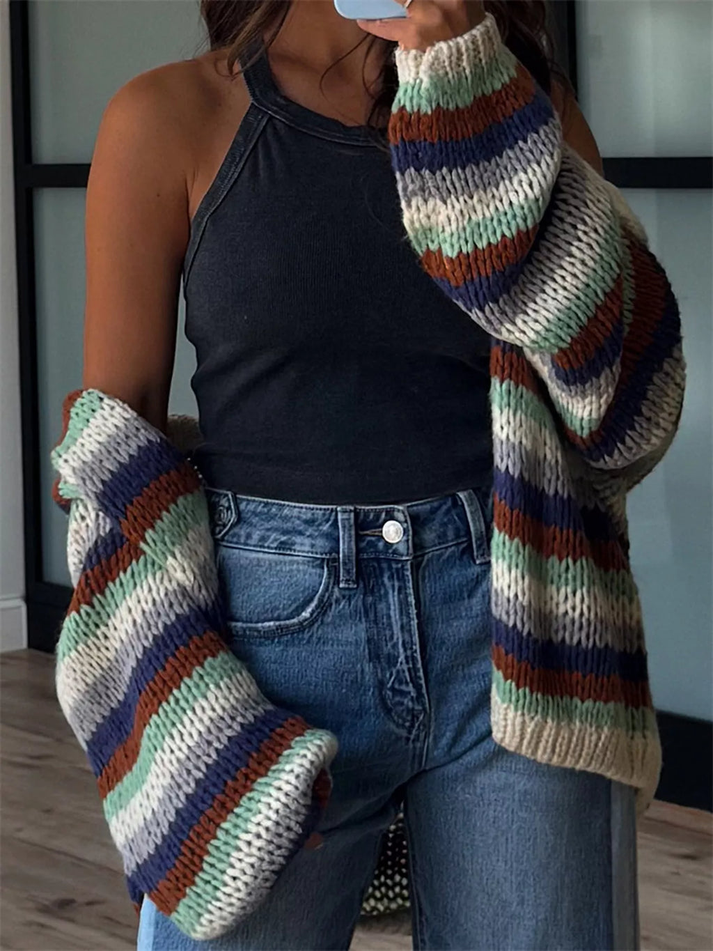 Multi-Color Striped Chunky Knit Open-Front Cardigan - Lilixa.store