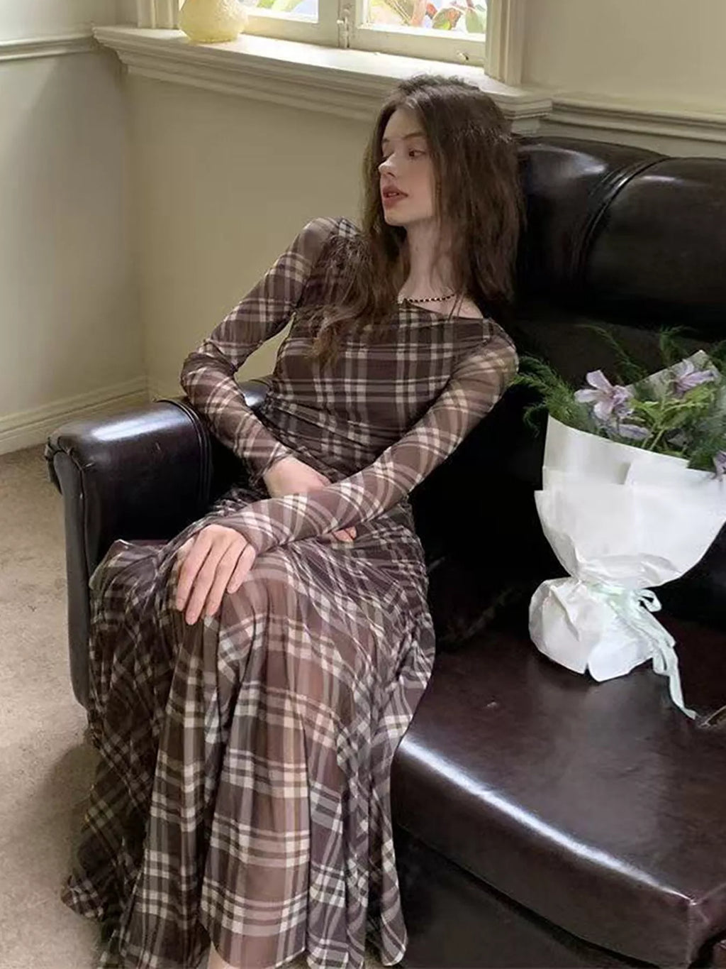 Plaid Long-Sleeve Slim-Fit Maxi Dress - Lilixa.store