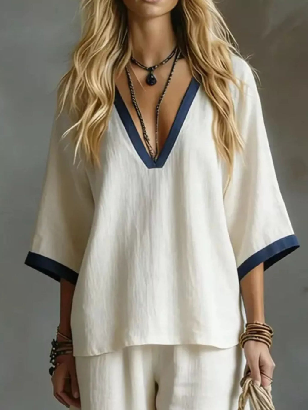 Full Size Contrast Trim V-Neck Top and Pants Set Plus Size - Lilixa.store