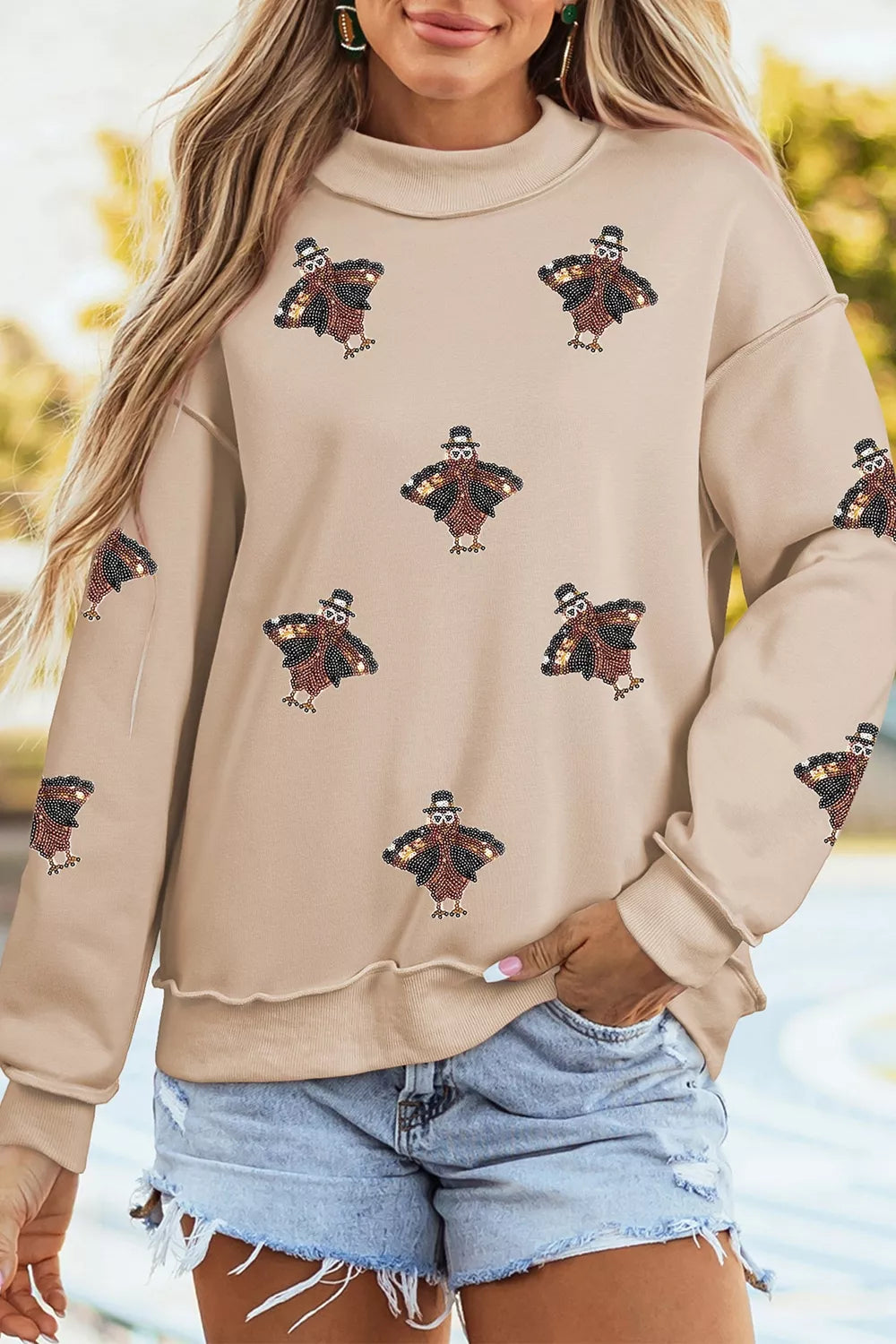 Sequin Turkey Mock Neck Exposed Seam Pullover Sweatshirt - Lilixa.store