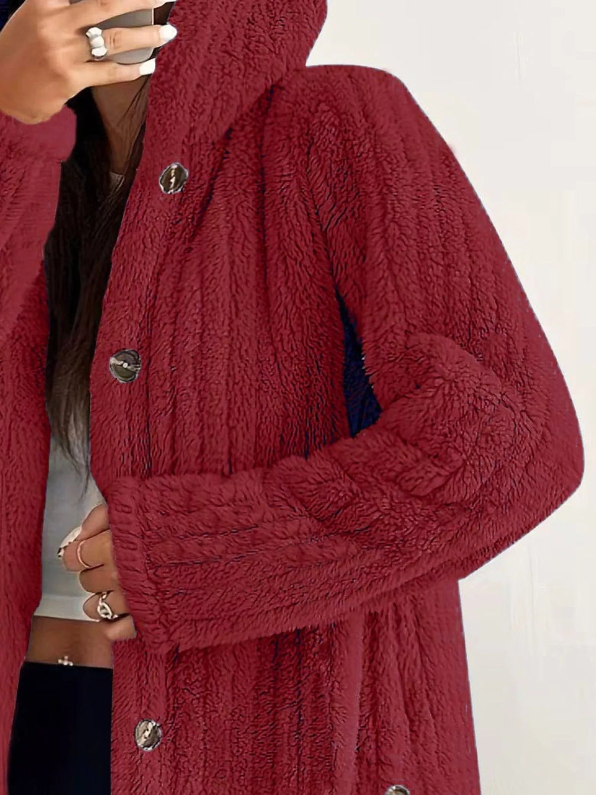 Full Size Fleece Button Up Hooded Outerwear Plus Size, view 14