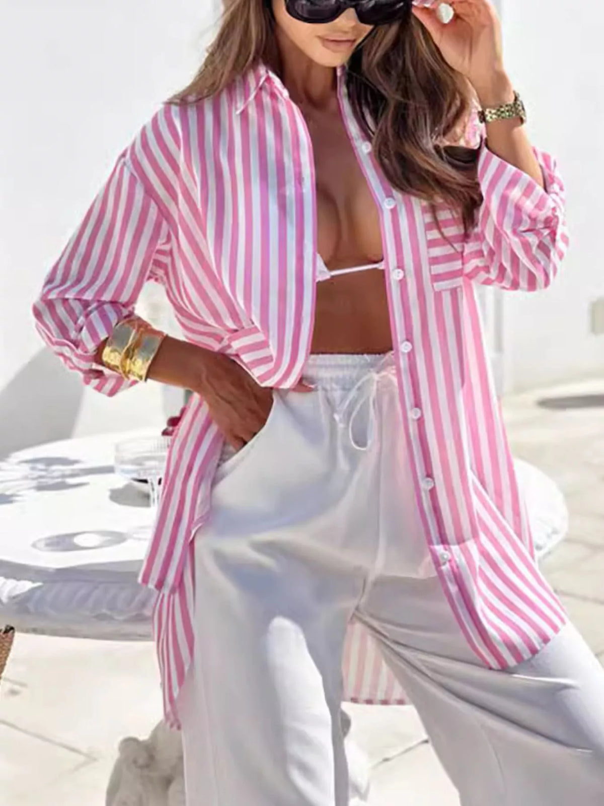 Printed Long Sleeve Tie Waist Oversized Shirt, view 7