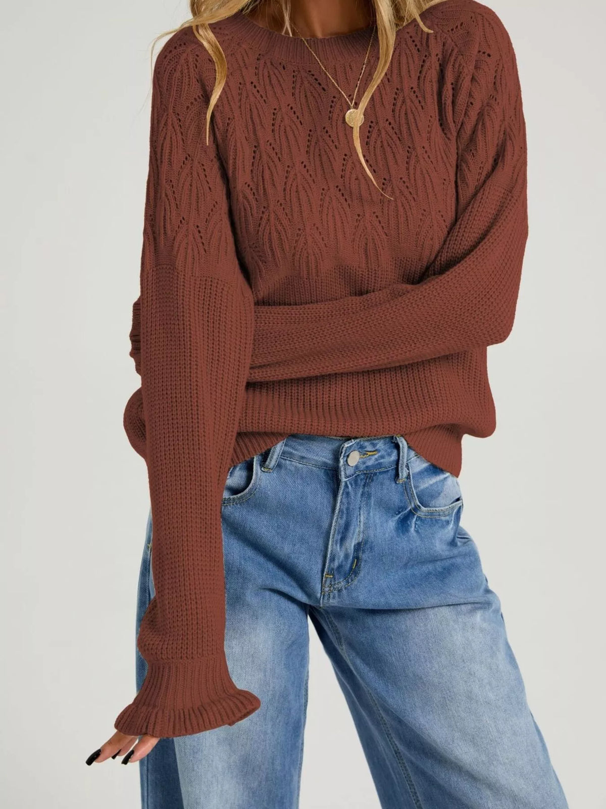 Pointelle Knit Round Neck Sweater