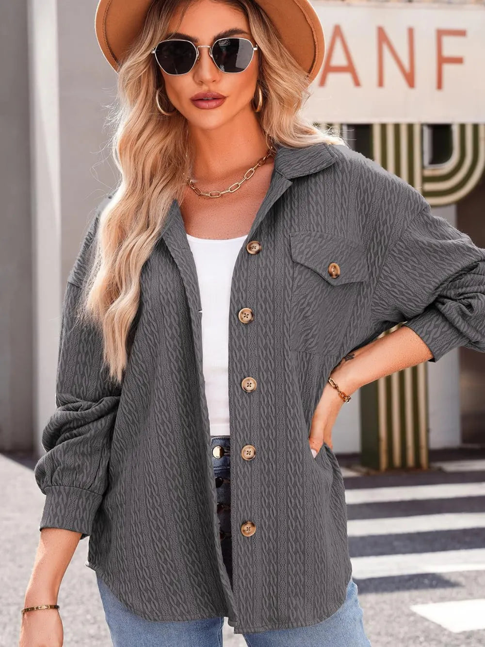 Textured Button Up Long Sleeve Shacket in Dark Gray