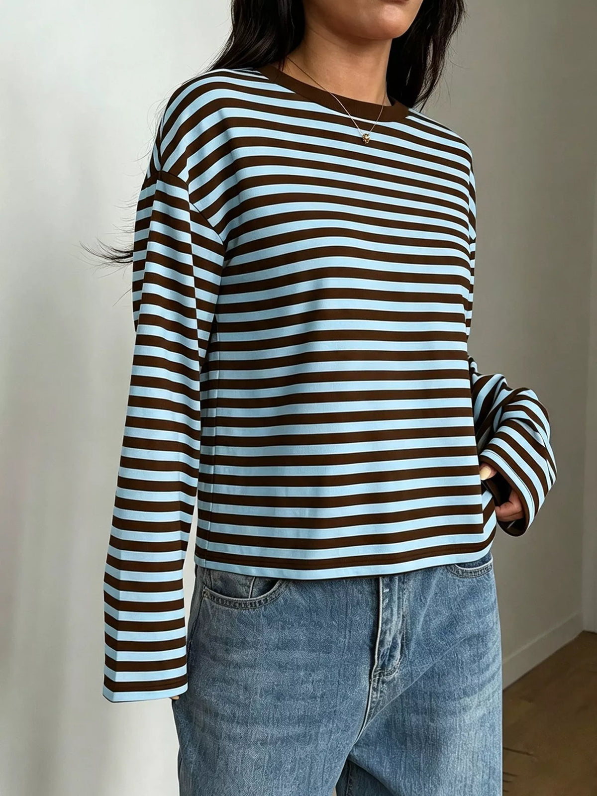 Full Size Casual Long-Sleeve Striped Crew Neck T-Shirt Plus Size in Peacock Blue