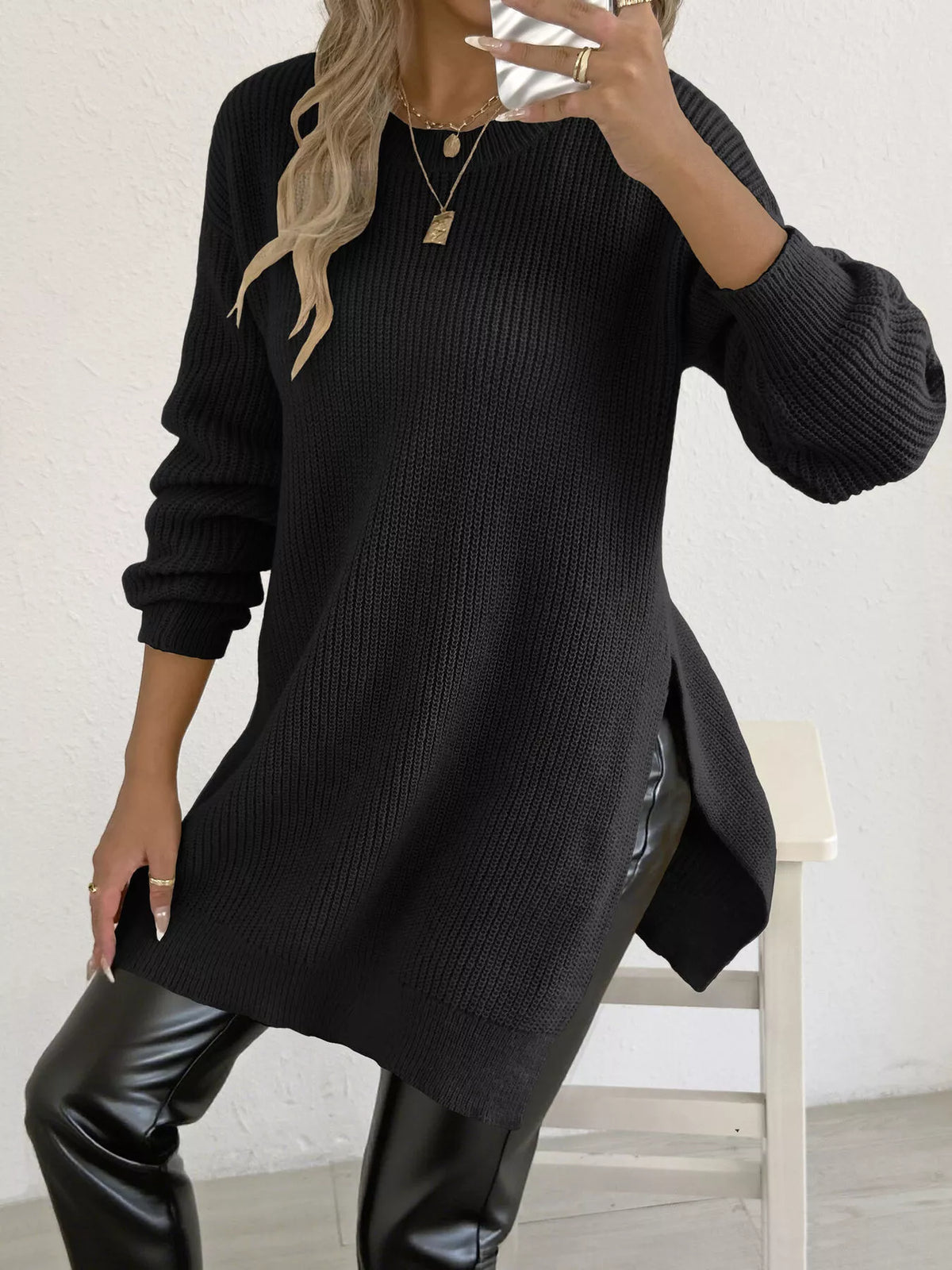 Side-Slit Dropped Shoulder Sweater - Lilixa.store