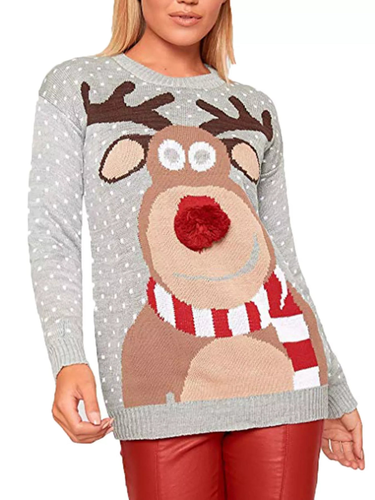 Christmas Reindeer Graphic Round Neck Sweater