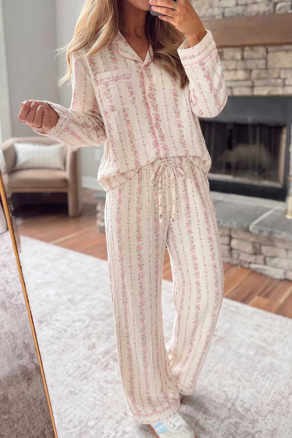 Floral Print Button-Down Top and Pants Loungewear Set - Lilixa.store