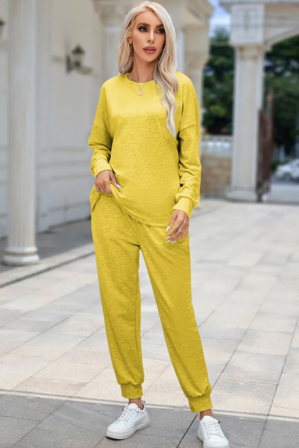 Round Neck Top and Drawstring Pants Lounge Set - Lilixa.store