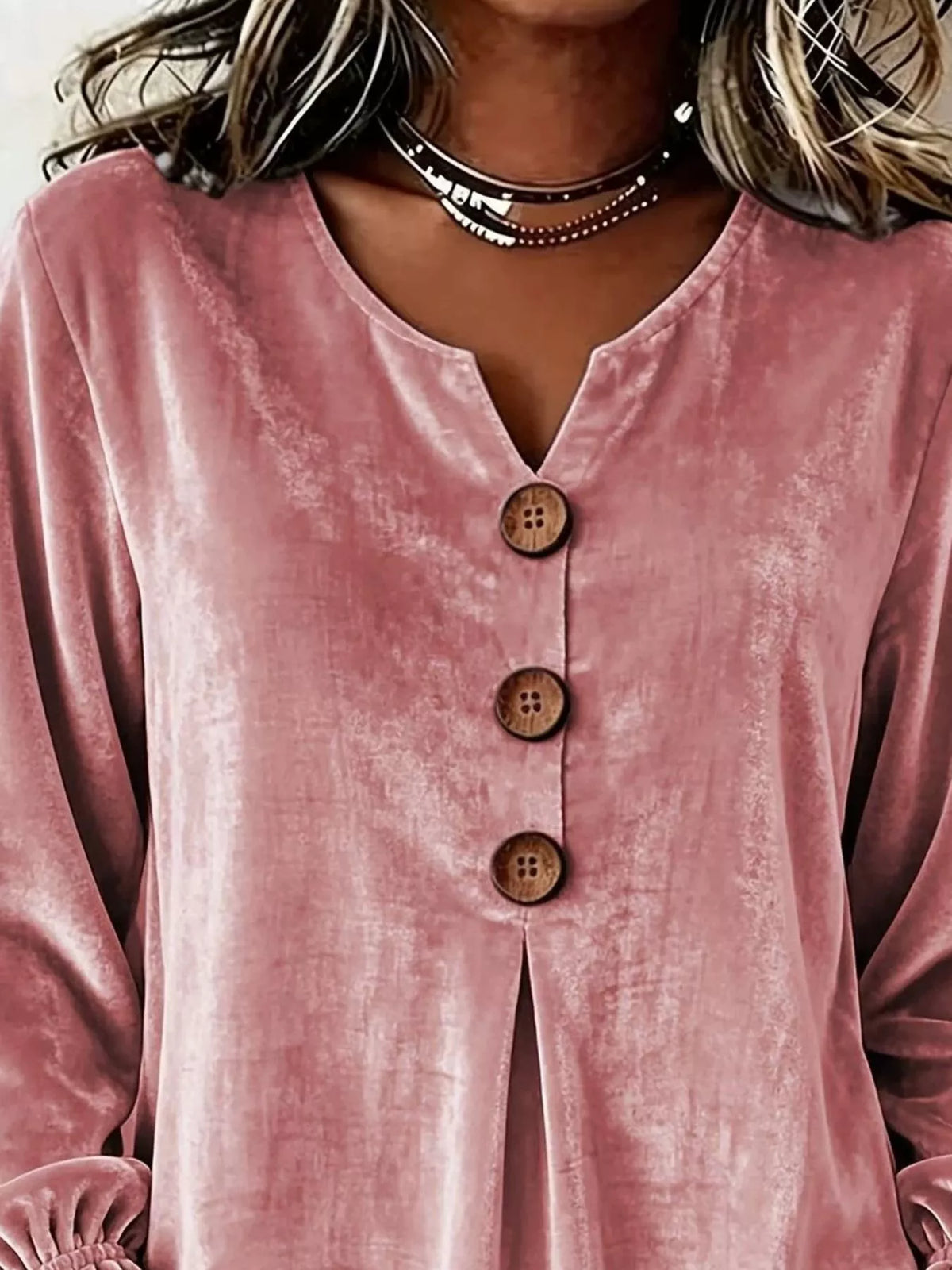 Full Size Velvet Button Decor Blouse with Ruffled Cuffs Plus Size - Lilixa.store