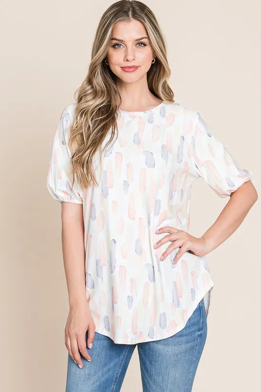 BOMBOM Round Neck Puff Short Sleeve Blouse - Lilixa.store