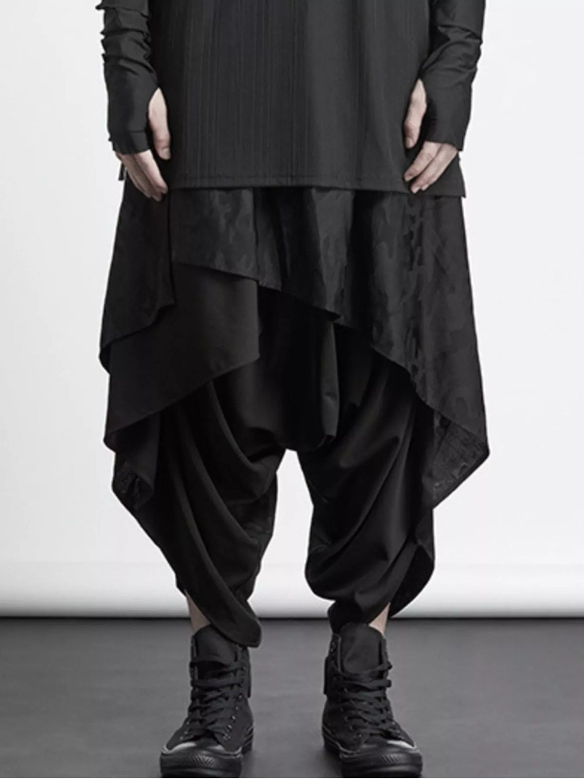 Men's Plus Size Asymmetrical Layered Harem Pants in Black, view 2