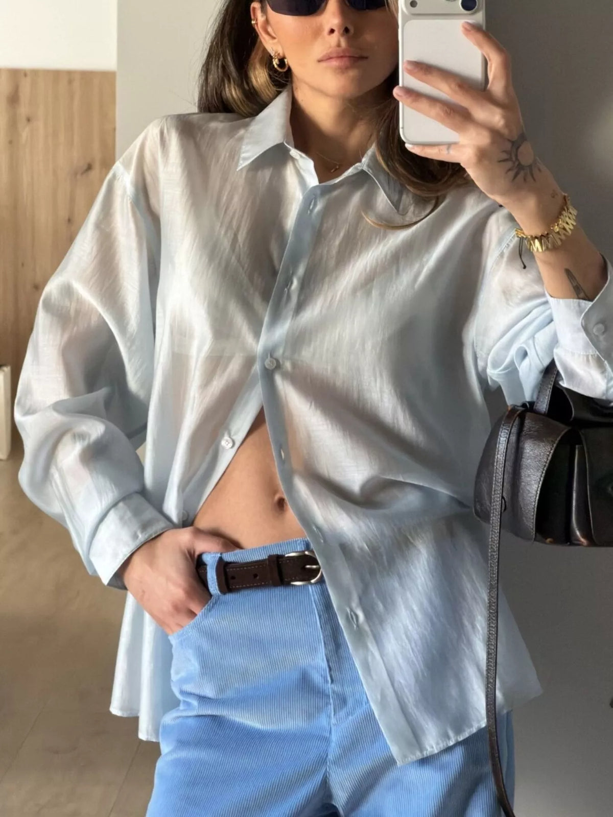 Sheer Oversized Button-Up Shirt, view 9