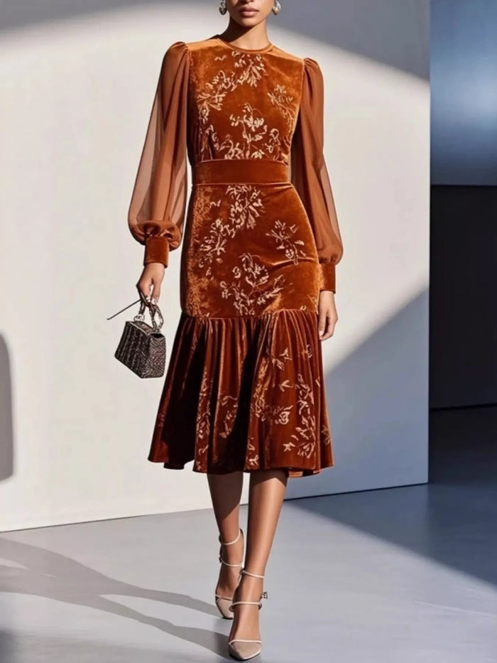 Velvet Floral Lantern Sleeve Midi Dress - Lilixa.store