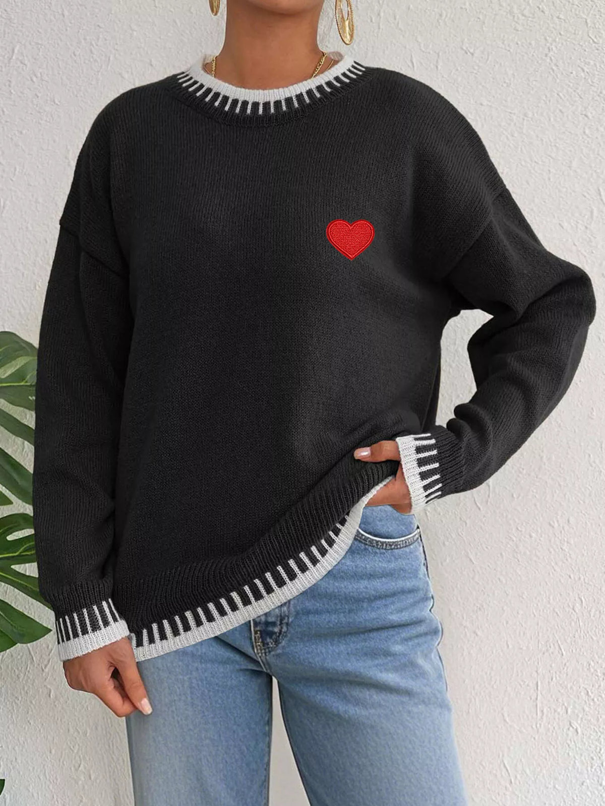 Heart-Embroidered Contrast Trim Sweater, view 5