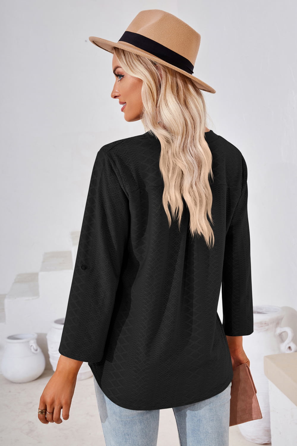V-Neck Roll-Tap Sleeve Blouse, view 3